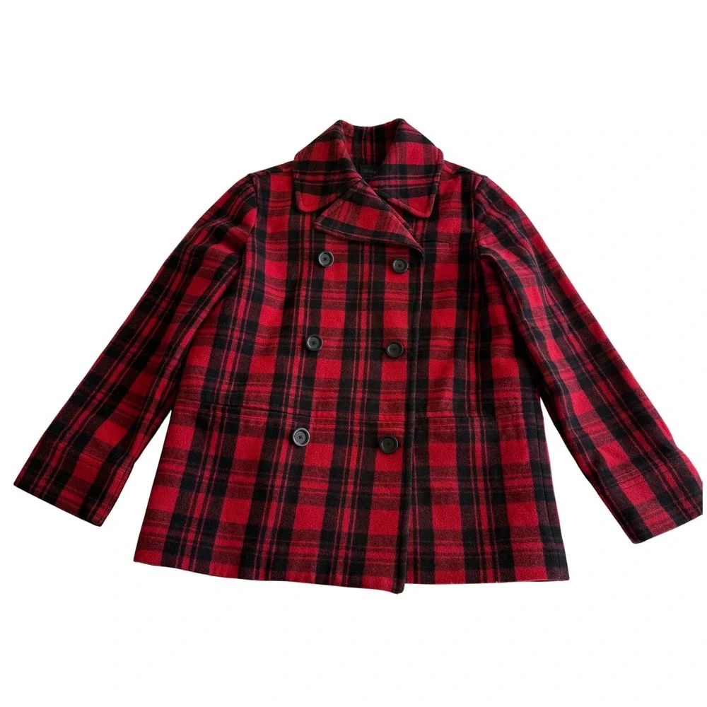 Kate Spade Saturday Wool Blend Scotch‎ Plaid Button Up Red Black Pea Coat wmn M